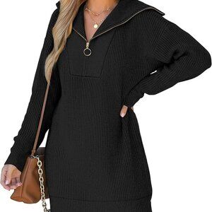 Sweater Dress Quarter Zip Neck Knit Mini Pullover Long Sleeve Loose Fit Ribbed